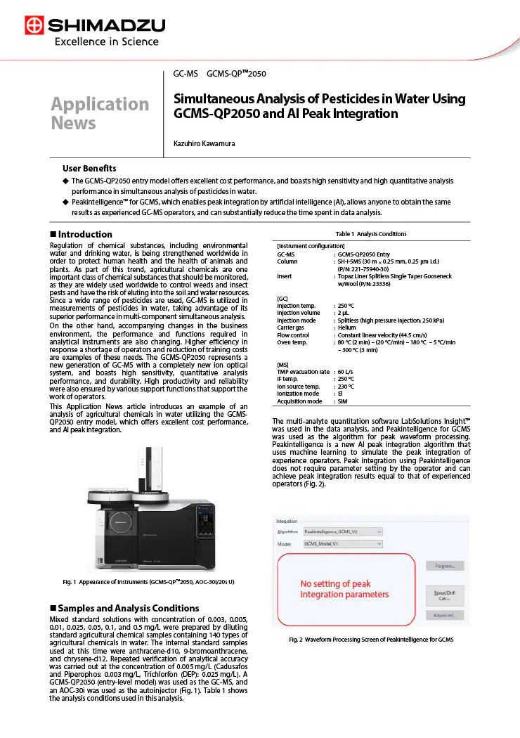 Simultaneous Analysis of Pesticides in Water Using GCMS-QP2050 and AI Peak Integration