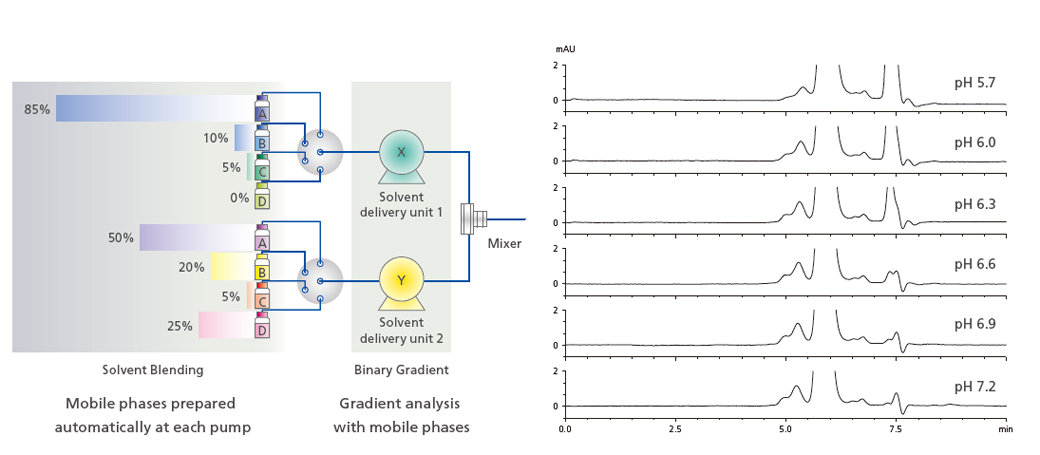 Mobile phases prepared automatically at each pump